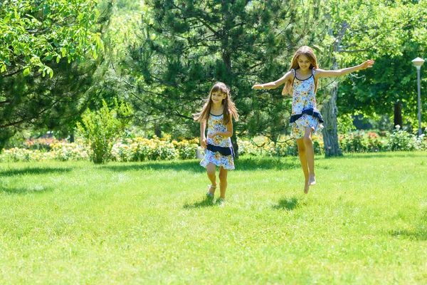 Две Девушки Веселятся Бегая Зеленой Лужайке Парке — стоковое фото