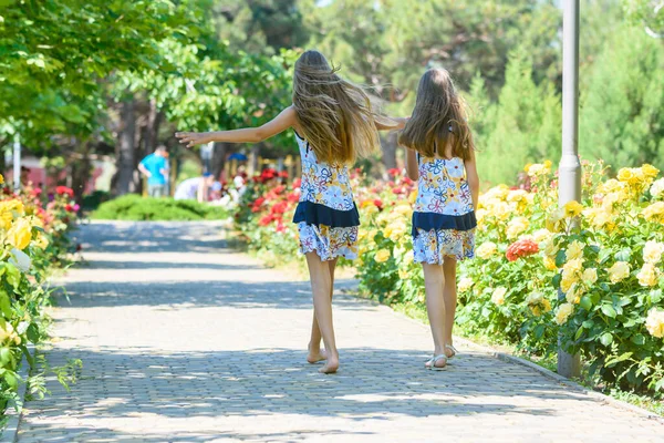 Zwei Kleine Schwestern Spazieren Durch Einen Wunderschönen Blumen Stadtpark — Stockfoto