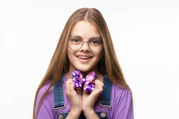 Cheerful Girl Glasses Holds Beautiful Blue Bow Her Hands — Stock Photo, Image