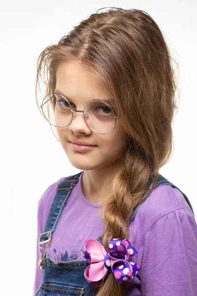 Portrait Girl Eleven Glasses Long Braid — Stock Photo, Image