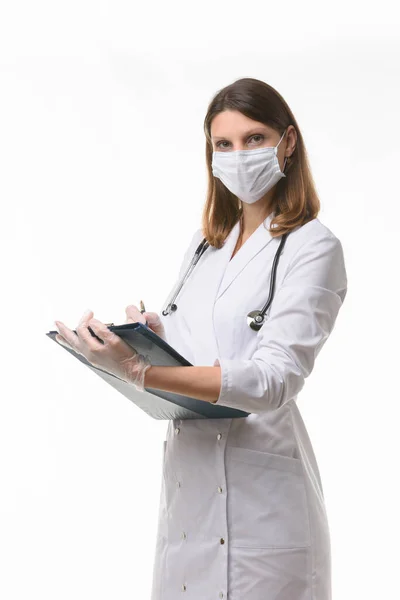 Girl Doctor Makes Notes Medical History Tablet — Stock Photo, Image