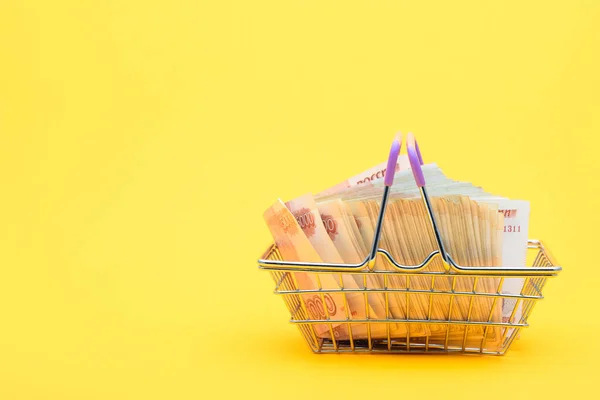 Grocery Basket Lies Large Bundle Five Thousandth Bills — Stock Photo, Image