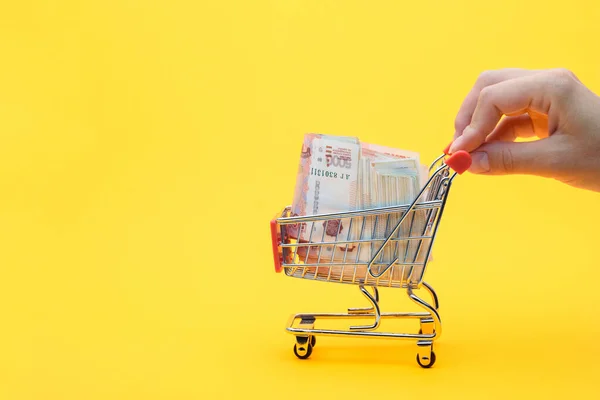 Hand Carries Grocery Cart Pack Five Thousandth Russian Rubles — Stock Photo, Image