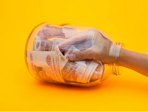 Hand Climbed Glass Jar Full Five Thousandth Bills — Stock Photo, Image
