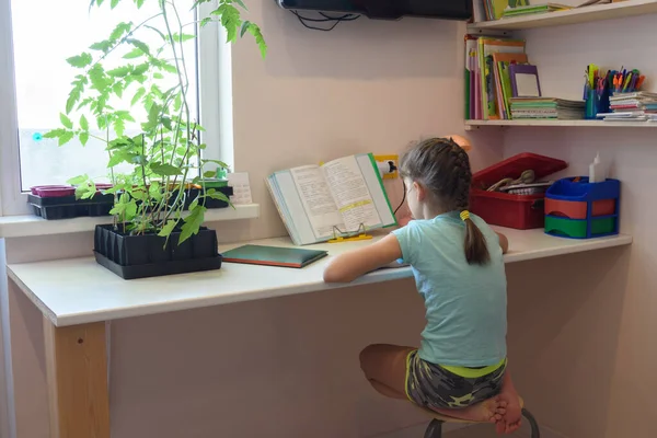 Ragazza Sta Insegnando Casa Libro Testo Alla Scrivania — Foto Stock