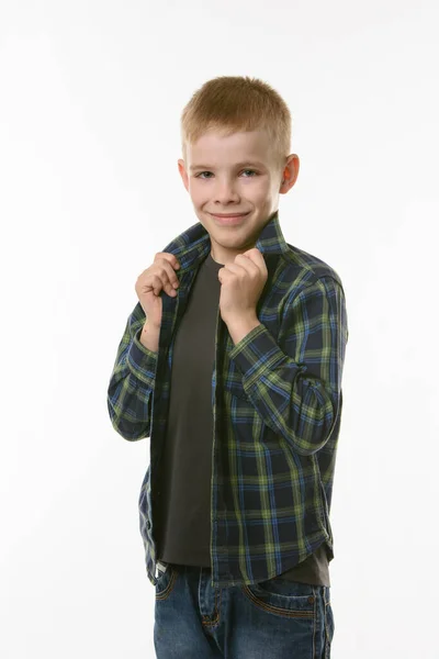 Blond Boy White Background Holds Hands Collar Checkered Shirt — Stock Photo, Image