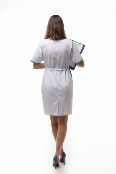 Girl Medical Clothing Stands Back Nwa Back Background — Stock Photo, Image