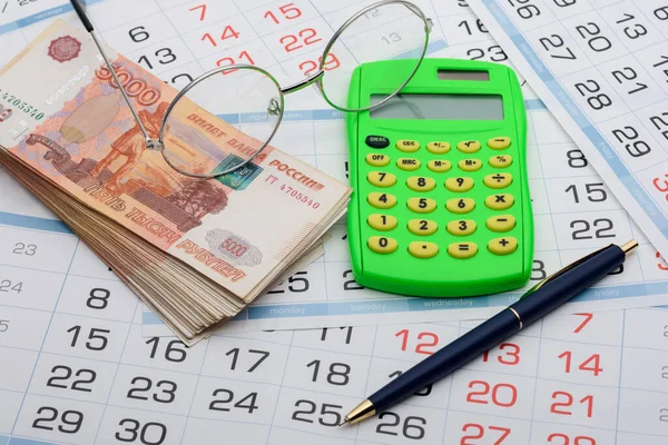 Money Glasses Calculator Pen Lie Calendar — Stock Photo, Image