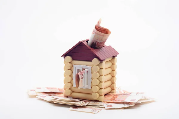 Cinco Milésimas Billetes Rusos Sobresalen Casa Casa Está Paquete Billetes — Foto de Stock