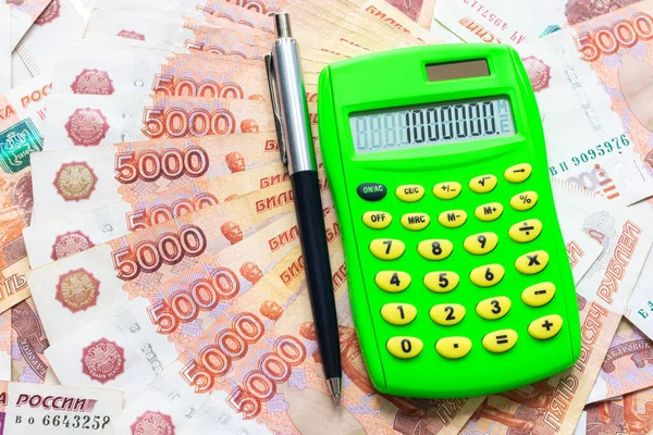 Calculator Number One Million Ballpoint Pen Lie Background Russian Five — Stock Photo, Image