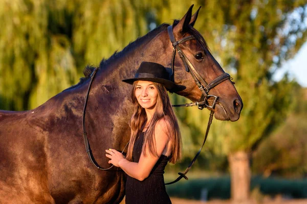 Beautiful Girl Hugs Horse Rays Setting Sun — Stock Photo, Image