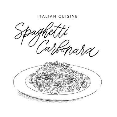 İtalyan makarna spagetti carbonara tabakta, kroki tarzı vektör çizim
