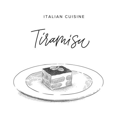 İtalyan tatlı tiramisu tabakta, kroki tarzı vektör çizim