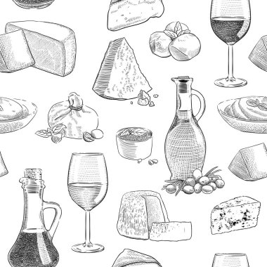 Dikişsiz desen arka plan oyma geleneksel İtalyan peynir ve soslar vintage