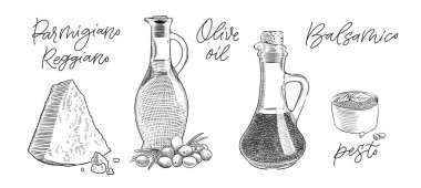 Arka plan beyaz Titletraditional İtalyan parmesan peyniri, zeytin yağı, pesto sos ve balsamik sirke vintage ile onun adı hat illüstrasyon üzerinde oyma