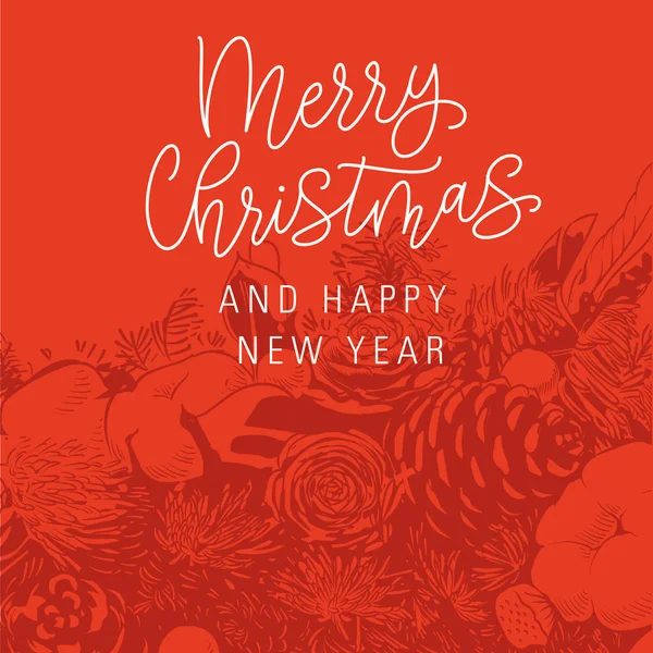 メリー クリスマスの手描き Pinecones および毛皮ツリーの背景が赤のレタリング — ストックベクタ