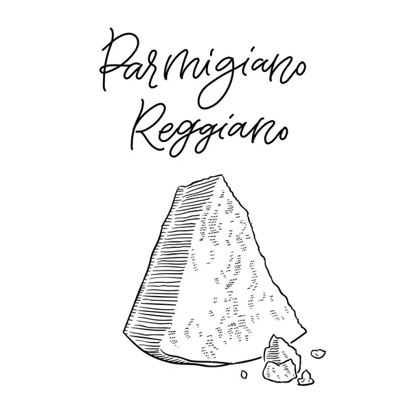 Tradiční Italský Parmezán Sýr Trojúhelník Vintage Gravírování Obrázku Jeho Jméno — Stockový vektor