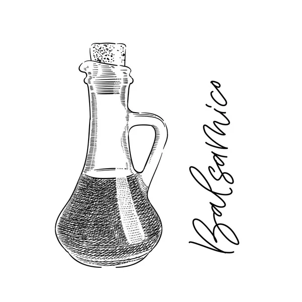 Botella Salsa Balsámica Italiana Tradicional Grabado Ilustración Con Nombre Caligrafía — Vector de stock