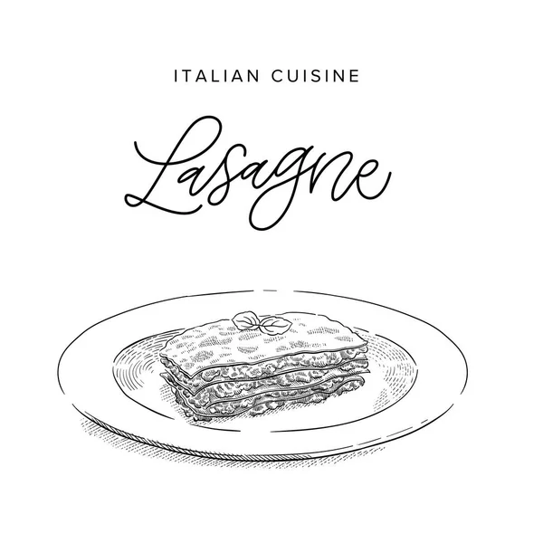 Italiensk Oksekød Pasta Lasagne Plade Skitse Stil Vektor Illustration – Stock-vektor