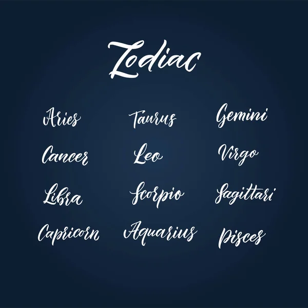 Astrología Constelaciones Zodiaco Nombres Letras Mano — Vector de stock
