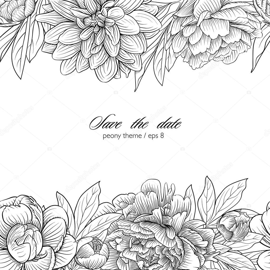 peony engraving scetch vector border