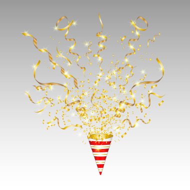 Vektör konfetisi. Şenlikli bir illüstrasyon. Parti patlatıcı beyaz arkaplanda izole edildi