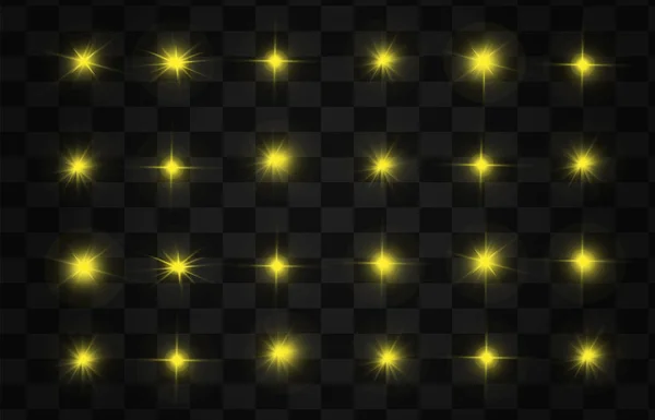 Efecto de luz amarilla aislada, destello de lente, explosión, brillo, línea, destello solar, chispa y estrellas. Diseño de elemento de efecto especial abstracto . — Vector de stock