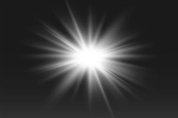 Zářící Světelné Efekty Izolované Černém Pozadí Sluneční Záblesk Paprsky Reflektory — Stockový vektor