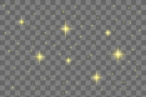 Пыльные Искры Золотые Звезды Сияют Особым Светом Векторные Блески Прозрачном — стоковый вектор