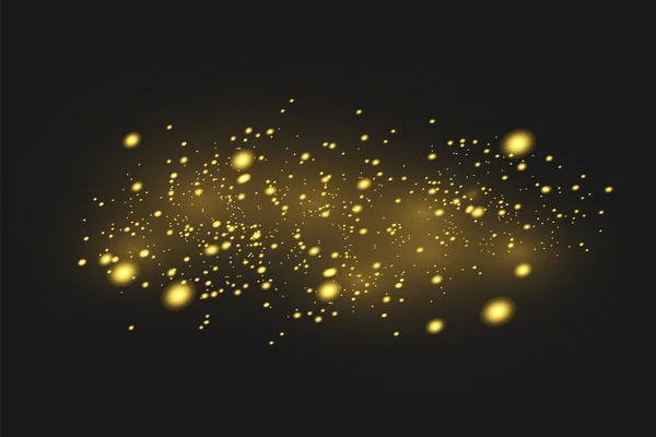 Las chispas de polvo y las estrellas doradas brillan con una luz especial. El vector brilla sobre un fondo negro . — Vector de stock