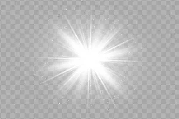 Beyaz parlayan ışık şeffaf bir arkaplanda patlar. Parlak sihirli toz parçacıkları. Parlak Yıldız. Şeffaf, parlak güneş. Vektör ışıltısı. Parlak bir ışıltı için