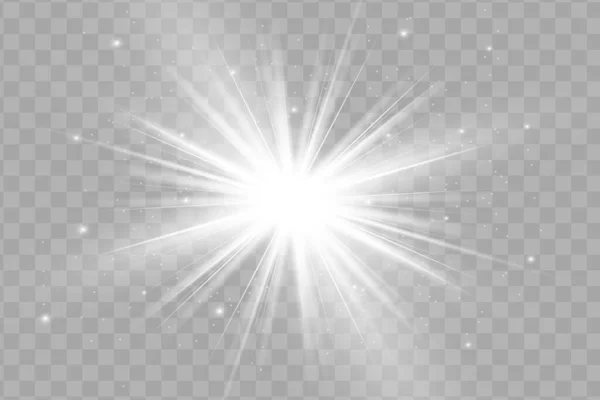 Vit Glödande Ljus Exploderar Transparent Bakgrund Mousserande Magiska Dammpartiklar Ljus — Stock vektor