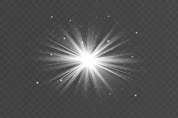 Белый Светящийся Свет Взрывается Прозрачном Фоне Искрящиеся Волшебные Частицы Пыли — стоковый вектор
