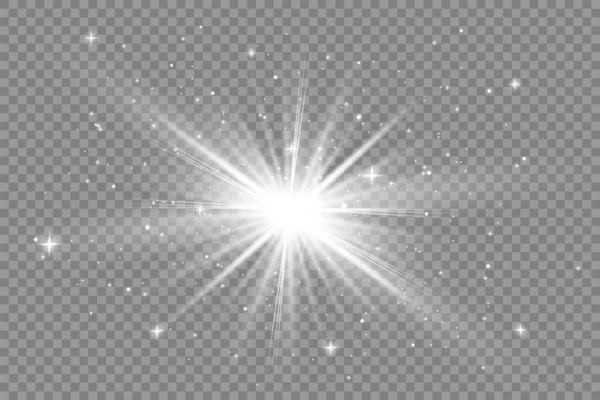 白く輝く光は 透明な背景で爆発します スパークリング魔法の塵粒子 明るい星 透明な輝く太陽 明るいフラッシュ ベクトルが輝きます 明るいフラッシュを中心に — ストックベクタ