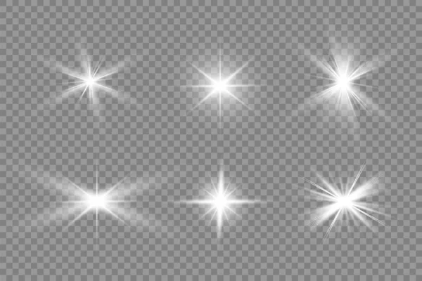 白く輝く光は 透明な背景で爆発します スパークリング魔法の塵粒子 明るい星 透明な輝く太陽 明るいフラッシュ ベクトルが輝きます 明るいフラッシュを中心に — ストックベクタ