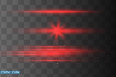 Soyut kırmızı lazer ışını. Siyah arkaplanda şeffaf izole edilmiş. Vektör illüstrasyonu. Işıklandırma efekti.