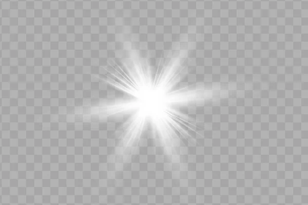 La luz blanca brillante explota sobre un fondo transparente. Partículas de polvo mágicas chispeantes. Estrella Brillante. Sol brillante transparente, destello brillante. El vector brilla. Centrar un destello brillante — Vector de stock