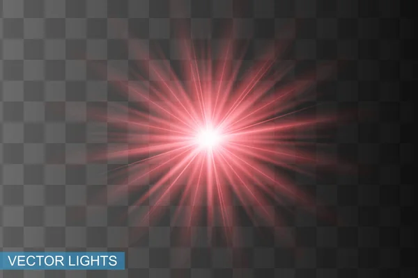 Lumière rouge éclatante explose sur un fond transparent. Particules de poussière magiques étincelantes. Étoile Lumineuse. Soleil brillant transparent, flash lumineux. Le vecteur scintille. Pour centrer un flash lumineux — Image vectorielle