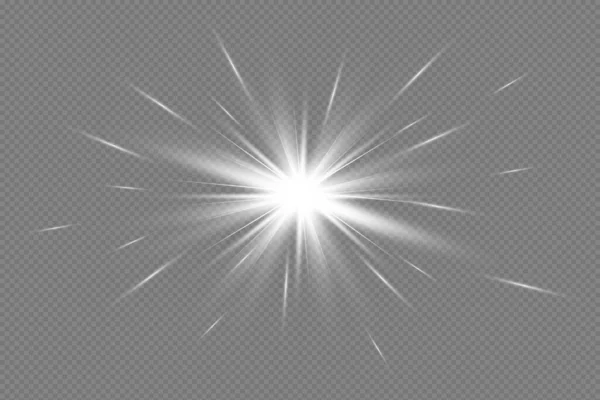 La luz blanca brillante explota sobre un fondo transparente. Partículas de polvo mágicas chispeantes. Estrella Brillante. Sol brillante transparente, destello brillante. El vector brilla. Centrar un destello brillante — Vector de stock