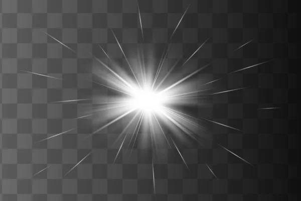 白く輝く光は、透明な背景で爆発します。スパークリング魔法の塵粒子。明るい星。透明な輝く太陽、明るいフラッシュ。ベクトルが輝きます。明るいフラッシュを中心に — ストックベクタ