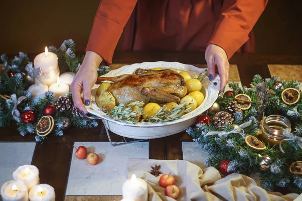 Christmas Table Duck Candlelight — Stock Photo, Image