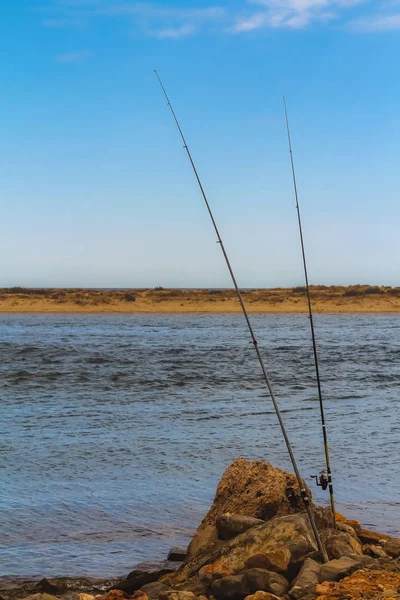 Due Canne Pesca Sulla Spiaggia Tavira Portogallo — Foto Stock