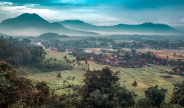 Dağ köyü pirinç teras ile güzel bir bakış. Java Adası, Endonezya