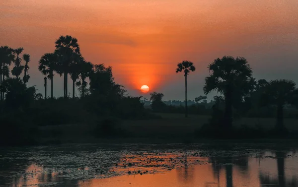 Přírodní Scenérie Kambodže Západ Slunce Nad Jezerem — Stock fotografie