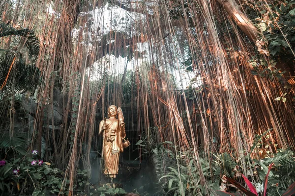 Zlatá Socha Buddhy Tropické Zahradě Vodopádem Chrám Wat Saket Golden — Stock fotografie