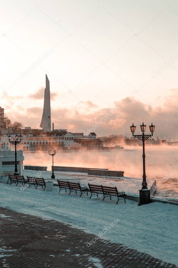 Sevastopol. Sunset in February with the Monument view
