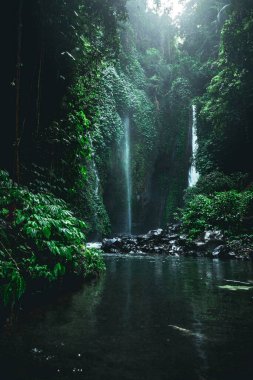 Yüksek bir şelalenin ince bir damlası yoğun yeşil bir orman ve Grombong Şelalesi nehri ile çevrili küçük damlalara yayılıyor.