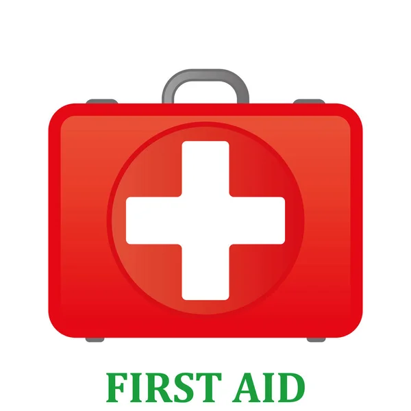 First aid kit. White first aid kit isolated on blue background. Health, help and medical diagnostics concept. Flat design.