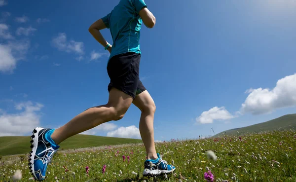 Corridore Donna Esecuzione Sul Prato Montagna — Foto Stock