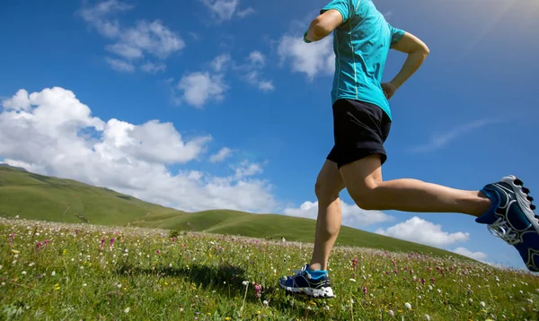 Mujer Corredor Corriendo Montaña Prado —  Fotos de Stock